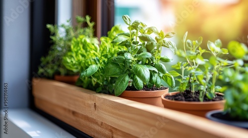 A sunlit windowsill showcases a charming urban herb garden with potted basil, mint, and other herbs in terracotta pots, filling the indoor space with a natural, vibrant feel.