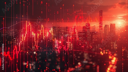 Real estate and property crisis. Dramatic skyline with financial data overlay, showcasing a blend of city life and digital analytics in a vibrant red hue.