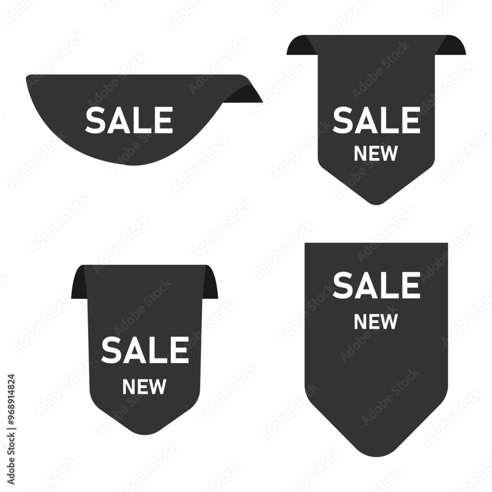 This image features an appealing set of four black sale ribbons beautifully placed against a clean white background for contrast This image features an appealing set of four black sale ribbons beautifully placed against a clean white background for contrast