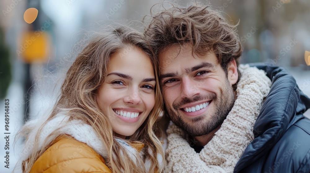 A smiling couple in cozy winter attire, close to each other, posing for a photo outside with a wintery urban background, capturing a moment of happiness and warmth. A smiling couple in cozy winter attire, close to each other, posing for a photo outside with a wintery urban background, capturing a moment of happiness and warmth.