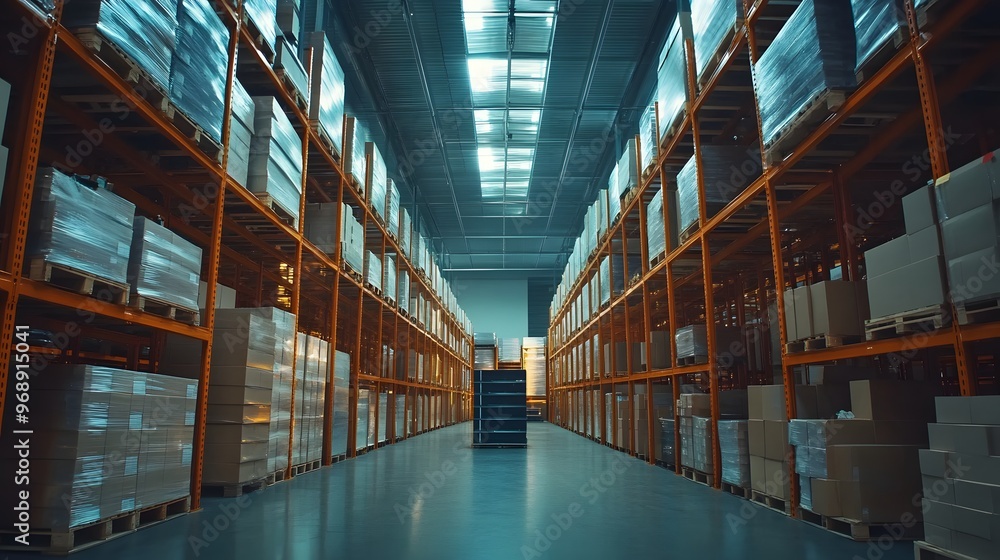 9. A warehouse with a high-density racking system and inventory being managed 9. A warehouse with a high-density racking system and inventory being managed
