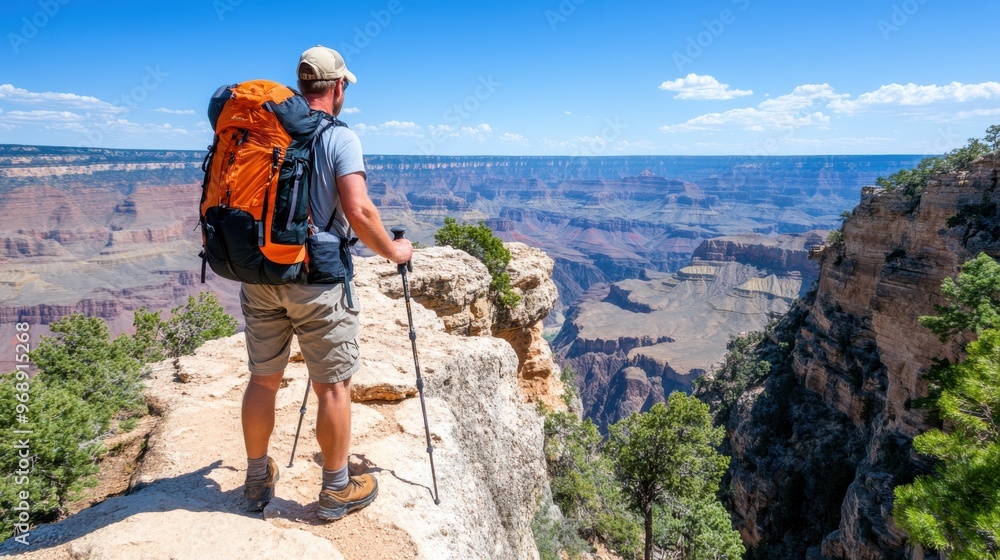 Obraz premium A hiker with an orange backpack stands on the edge of the Grand Canyon, using trekking poles, with an expansive view of the stunning canyon landscape extending into the distance.