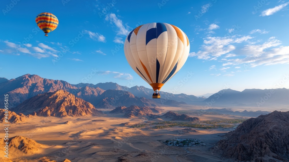 Fototapeta premium Colorful hot air balloons float majestically over a vast desert landscape at dawn, casting long shadows and offering breathtaking views of mountains and sky in the distance.