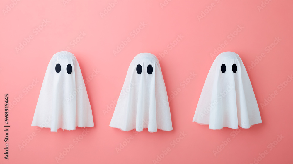 Three cute ghost figures on a pink background create a playful and whimsical Halloween atmosphere for decorations. Three cute ghost figures on a pink background create a playful and whimsical Halloween atmosphere for decorations.
