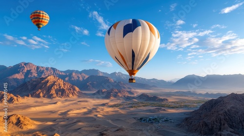 Colorful hot air balloons float majestically over a vast desert landscape at dawn, casting long shadows and offering breathtaking views of mountains and sky in the distance.