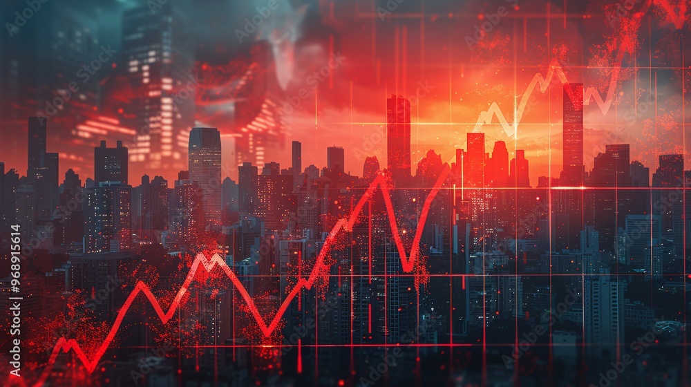 Naklejka premium Real estate and property crisis. Dynamic city skyline with a vibrant sunset and upward trending graph, symbolizing growth and financial success.