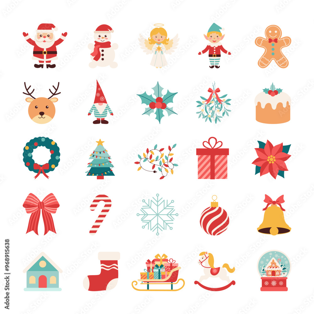 A collection of Christmas icons including Santa, angel, elf, reindeer, gingerbread man, and a Christmas tree A collection of Christmas icons including Santa, angel, elf, reindeer, gingerbread man, and a Christmas tree