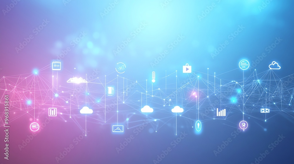 An abstract digital network with icons and data points on a blue and pink background. An abstract digital network with icons and data points on a blue and pink background.