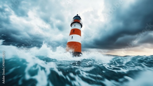 This captivating image illustrates a lighthouse enduring massive sea waves during stormy weather, epitomizing endurance and steadfastness against the dramatically turbulent elements.