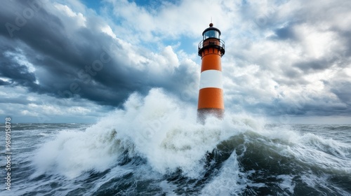 A lighthouse stands resilient against crashing ocean waves, reflecting strength and guidance amidst a dramatic sky and turbulent sea, symbolizing hope and perseverance. photo