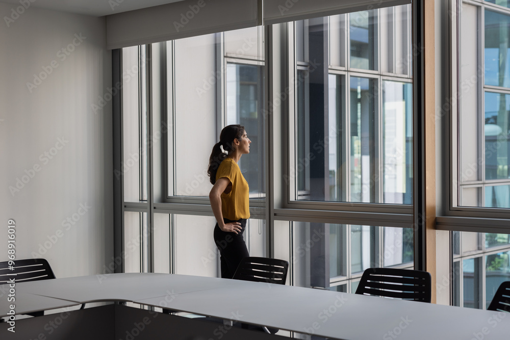 Businesswoman alone in an empty office conference room looking out of the window Businesswoman alone in an empty office conference room looking out of the window