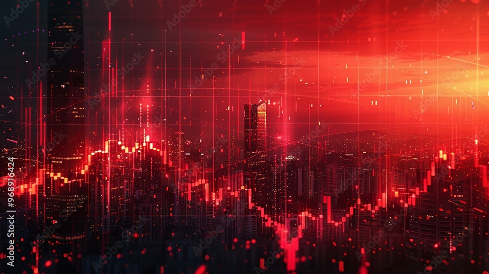 Naklejka premium Real estate and property crisis. Dynamic cityscape with a striking digital graph overlay, showcasing growth and technological innovation at sunset.