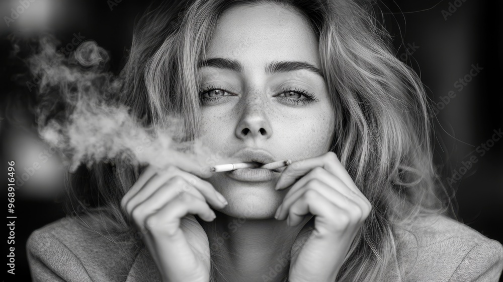 A woman with an intense gaze is smoking a cigarette, captured in a black and white photo, highlighting a sense of mystery, contemplation, and retro aesthetic. A woman with an intense gaze is smoking a cigarette, captured in a black and white photo, highlighting a sense of mystery, contemplation, and retro aesthetic.