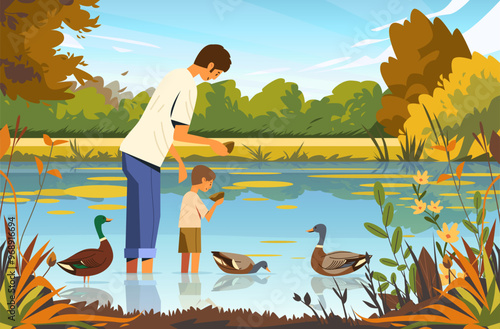 Father and son feeding ducks pond nature scene family bonding autumn colors flat design landscape