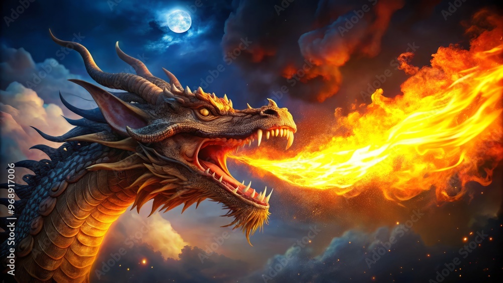 A magnificent dragon's mouth opens wide, exhaling a fiery blast of blazing orange and yellow flames that dance across the dark night sky. A magnificent dragon's mouth opens wide, exhaling a fiery blast of blazing orange and yellow flames that dance across the dark night sky.