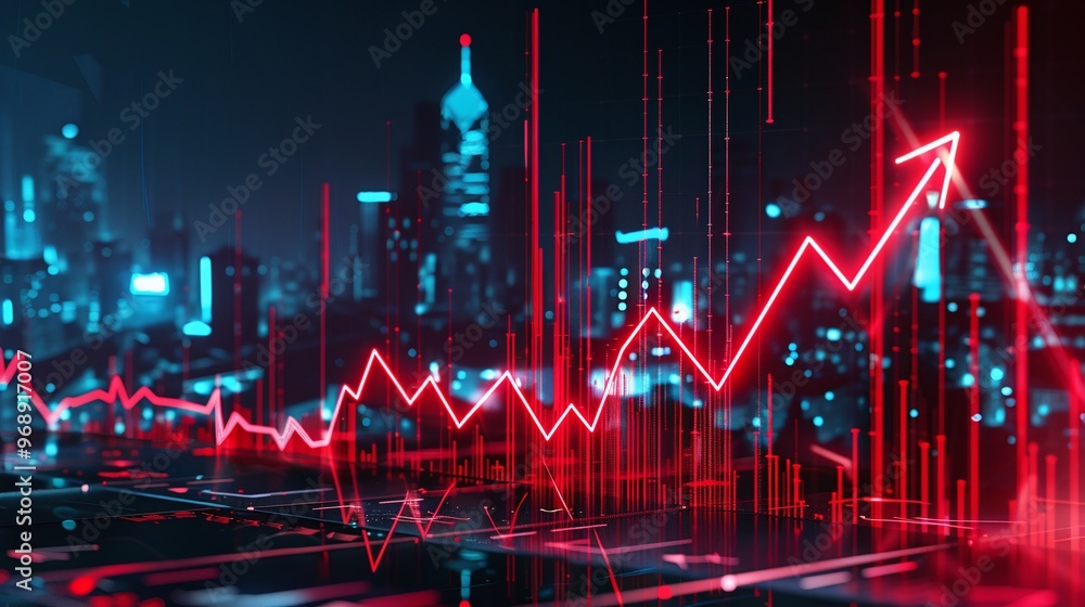 Real estate and property crisis. Dynamic financial graph with rising trend over a glowing city skyline, symbolizing market growth and investment opportunities. Real estate and property crisis. Dynamic financial graph with rising trend over a glowing city skyline, symbolizing market growth and investment opportunities.