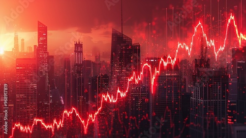 Real estate and property crisis. Dynamic stock market graphic showcasing a rising trend line against a city skyline at sunset, symbolizing financial growth.