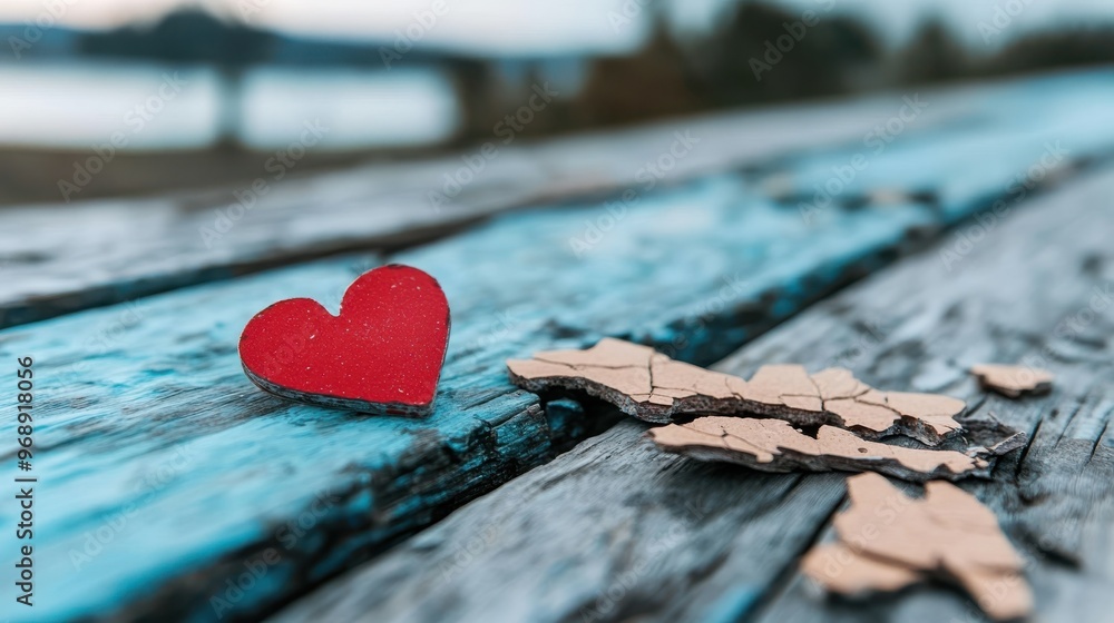 Fototapeta premium A small red heart lies on a rustic, weathered wooden surface outdoors, symbolizing love, nostalgia, and the passage of time with an artistic touch.