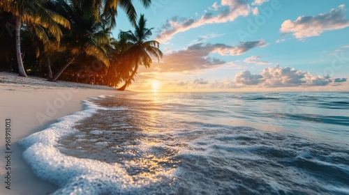 A breathtaking beach view at sunset with palm trees swaying gently in the background and calm ocean waves coming up to the sandy shore, creating a serene paradise atmosphere. photo