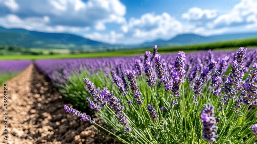 Fototapeta premium A vibrant lavender field stretches into the distance under a bright, blue sky with picturesque mountains in the background. Ideal for nature and landscape enthusiasts.