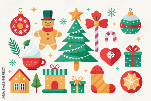 Christmas festive elements collection with tree, gift, gingerbread, and decorations for holiday designs