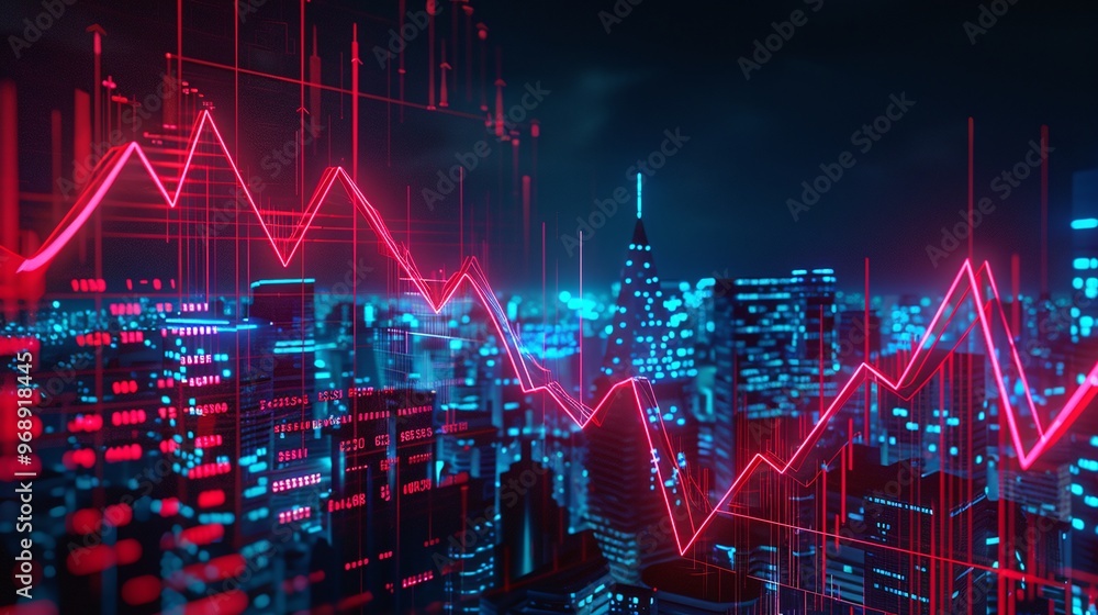 Real estate and property crisis. Futuristic city skyline with digital stock market graphs highlighting trends in finance and technology.