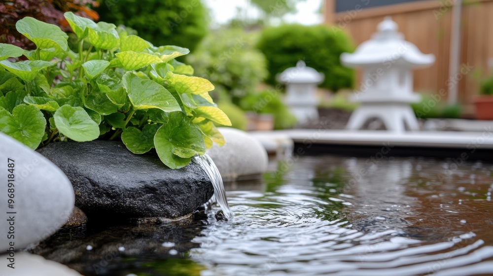 Fototapeta premium A small garden waterfall flowing over a black rock surrounded by green plants, illustrating the serene and peaceful nature of a well-maintained garden pond setup.