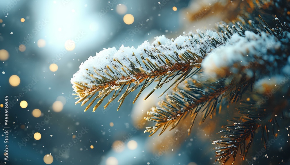 Closeup of pine tree branch covered in snow during winter time with bokeh lights flickering in the background. Snowy branch on a tree with cones. Snowy tree to signify the arrival of colder winter Closeup of pine tree branch covered in snow during winter time with bokeh lights flickering in the background. Snowy branch on a tree with cones. Snowy tree to signify the arrival of colder winter