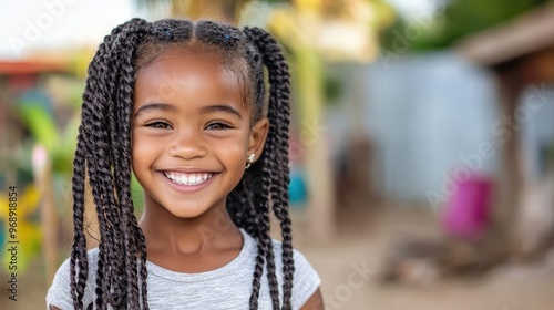 A young girl with braids and a radiant smile standing outdoors, radiating happiness and positivity, reflecting natural surroundings and cheerful expressions.