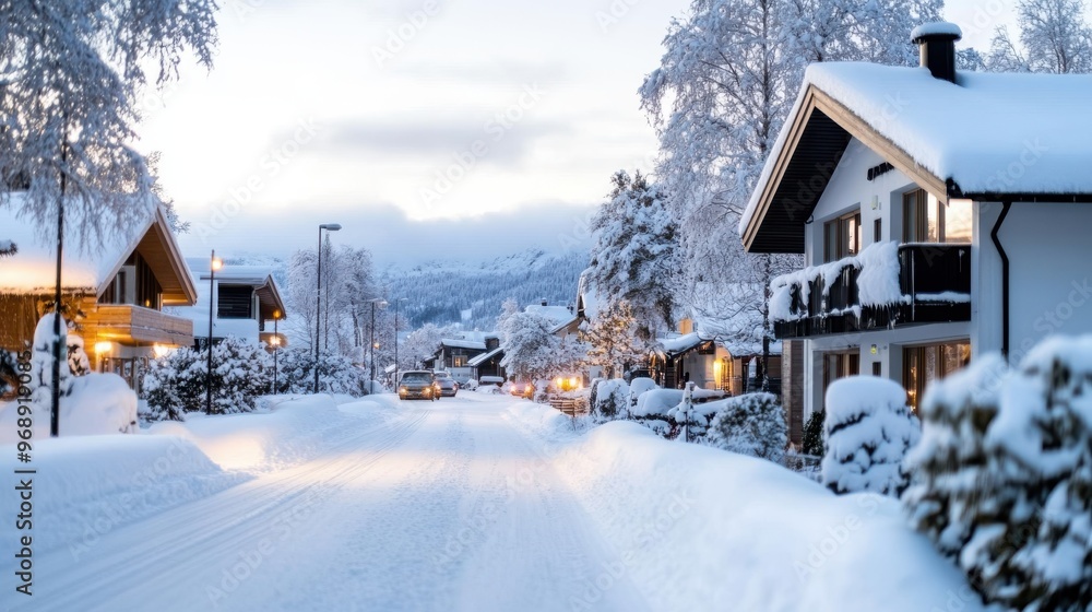Fototapeta premium A serene suburban street covered in snow with view of cozy houses and scenic mountains in the background during a calm winter afternoon, capturing a peaceful neighborhood, 180 chars.