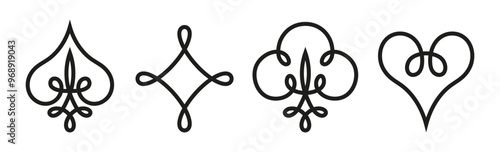 Playing card suits. Spades, Hearts, Diamonds and Clubs.	
