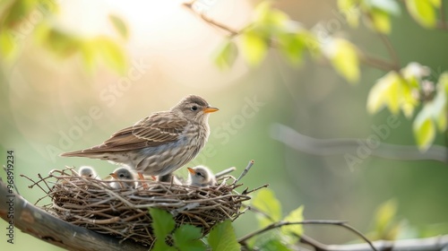 A mother bird feeds her hungry chicks in a nest.