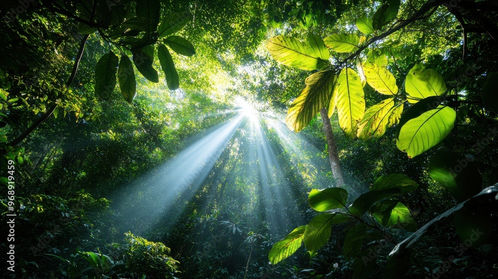 Nature's beauty is showcased as beams of sunlight filter through the dense canopy of a tropical rainforest, creating a magical and serene forest atmosphere. Nature's beauty is showcased as beams of sunlight filter through the dense canopy of a tropical rainforest, creating a magical and serene forest atmosphere.