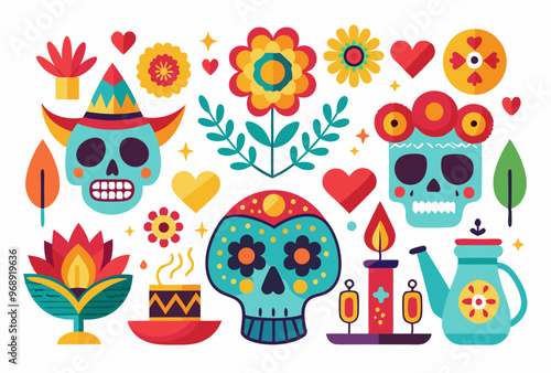 Vibrant dia de los muertos elements collection for festive design and decoration