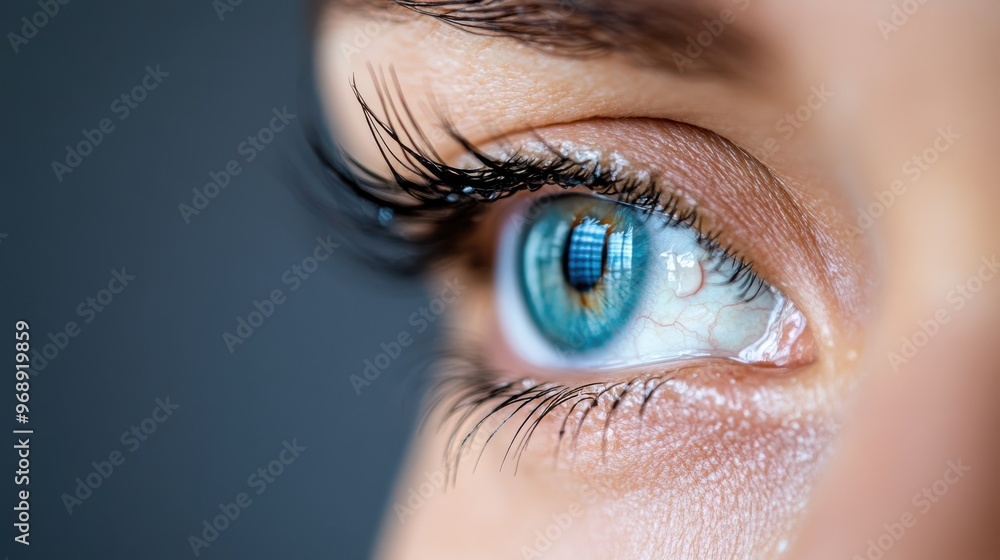 An extreme close-up of a person's blue eye, capturing the fine details of the iris, veins, and dark eyelashes, bringing forth a sense of realism and wonder. An extreme close-up of a person's blue eye, capturing the fine details of the iris, veins, and dark eyelashes, bringing forth a sense of realism and wonder.