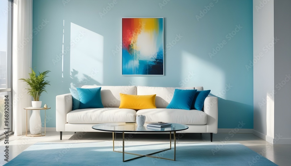 Photo modern style interior room 3d illustration Interior frame living room with colorful white sofa Photo modern style interior room 3d illustration Interior frame living room with colorful white sofa
