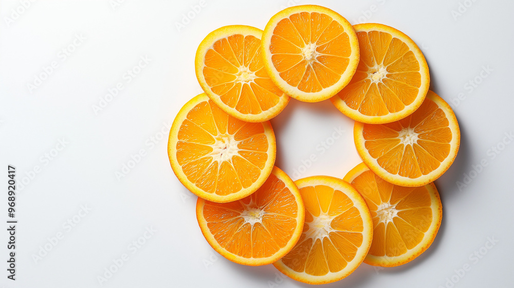 Orange slices arranged in a circle on white background with copy space Orange slices arranged in a circle on white background with copy space