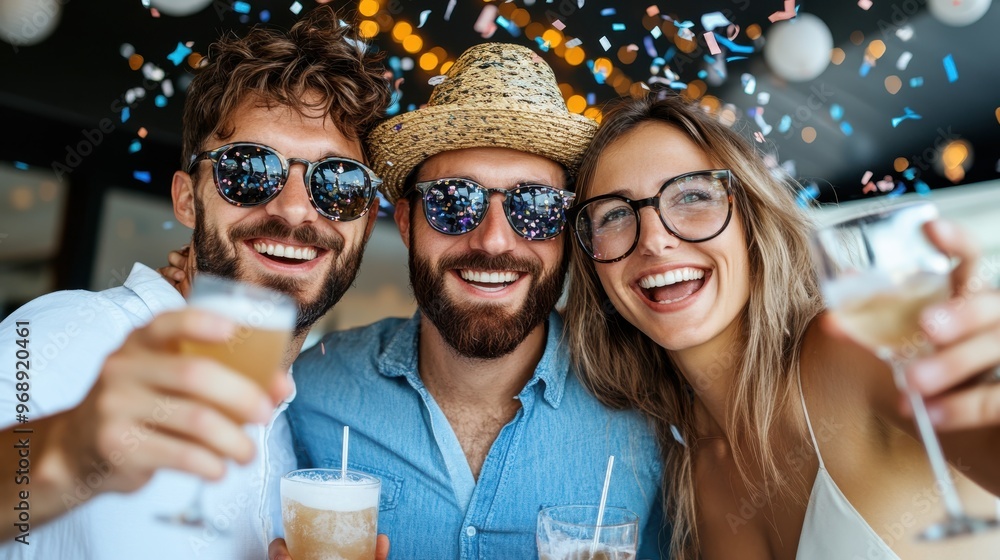 Three friends are seen celebrating together with drinks in hand while smiling broadly and surrounded by confetti, indicating a vibrant and happy social gathering. Three friends are seen celebrating together with drinks in hand while smiling broadly and surrounded by confetti, indicating a vibrant and happy social gathering.