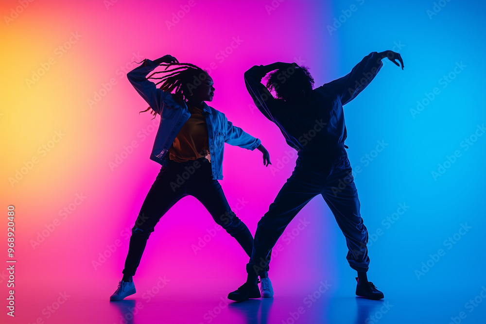 Capture two dynamic figures performing contemporary hip-hop dance, their movements fluid and expressive against a gradient background. They wear casual clothes, energy and artistry of modern dance
