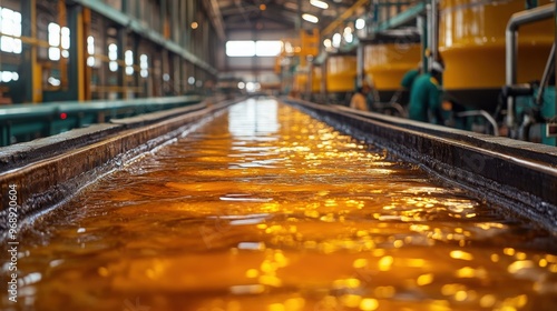 The facility has a long walkway with glowing copper slurry and workers busy with production photo