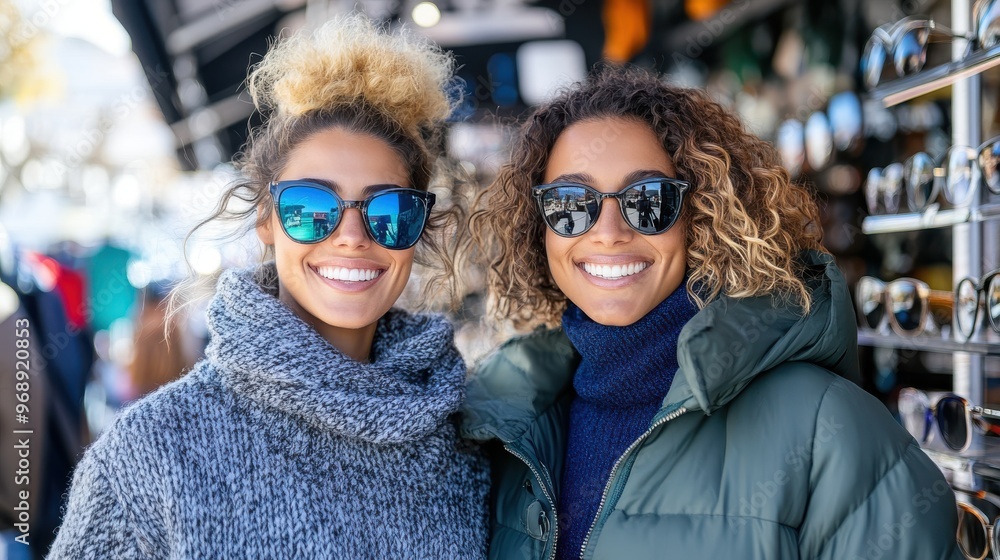 Two women, both wearing stylish sunglasses, smile brightly while enjoying a sunny day at an outdoor market, capturing the essence of friendship and joy in a bustling environment. Two women, both wearing stylish sunglasses, smile brightly while enjoying a sunny day at an outdoor market, capturing the essence of friendship and joy in a bustling environment.
