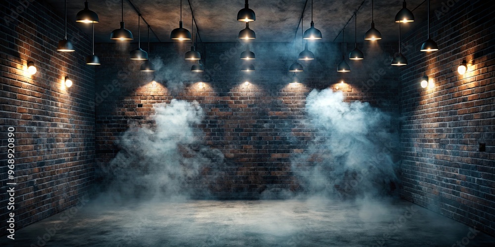 Fototapeta premium Dark atmospheric room with glowing lights and floating smoke, surrounded by brick walls