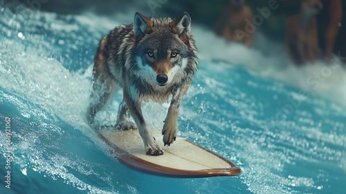 wolf playing surfboard in blue water