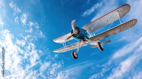 An elegantly restored vintage biplane soaring high with grace, set against a clear blue sky, capturing the essence of early aviation and the thrill of flying. photo