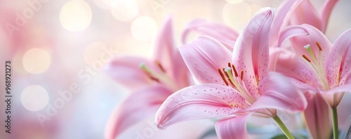 Close-up of pink lilies with blurred