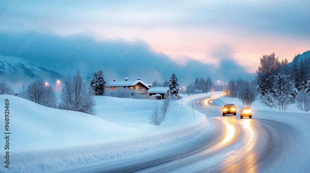 This image depicts a snowy road winding through a picturesque village with houses, accented by the glow of headlights and the soft hues of a winter sunset. This image depicts a snowy road winding through a picturesque village with houses, accented by the glow of headlights and the soft hues of a winter sunset.