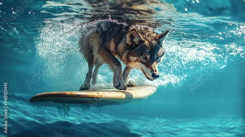 wolf playing surfboard in blue water