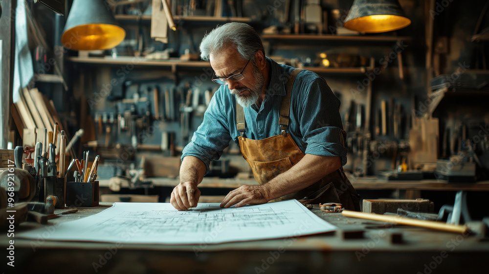 Skilled carpenter in workshop examining detailed blueprints for project Skilled carpenter in workshop examining detailed blueprints for project
