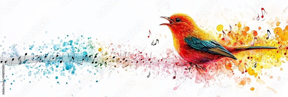 A bird is seen singing joyfully with colorful musical notes flowing by, representing a harmonious blend of nature and music brought to life through vibrant digital artistry. A bird is seen singing joyfully with colorful musical notes flowing by, representing a harmonious blend of nature and music brought to life through vibrant digital artistry.