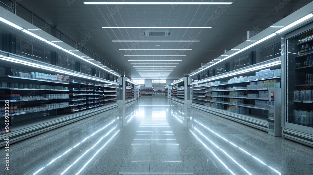 Deserted supermarket shelves in a spacious retail store, highlighted by bright lighting and a clean atmosphere. Deserted supermarket shelves in a spacious retail store, highlighted by bright lighting and a clean atmosphere.